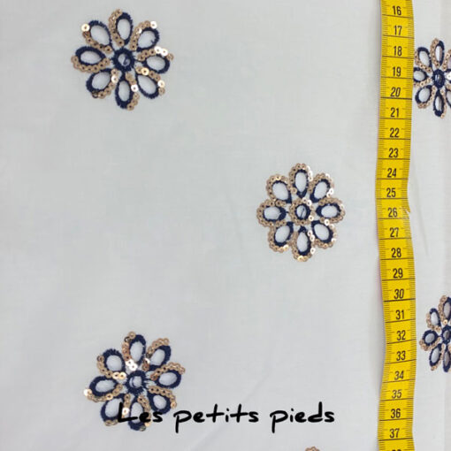 Voile - bestickt Pailetten Blume - weiss / blau