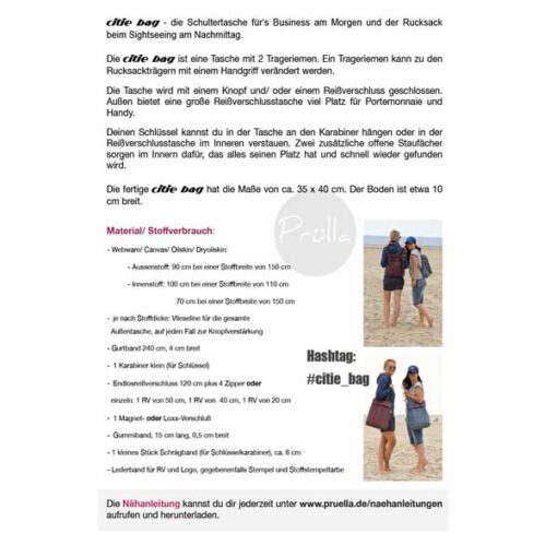 Papierschnittmuster Schultertasche "citie bag" - Prülla