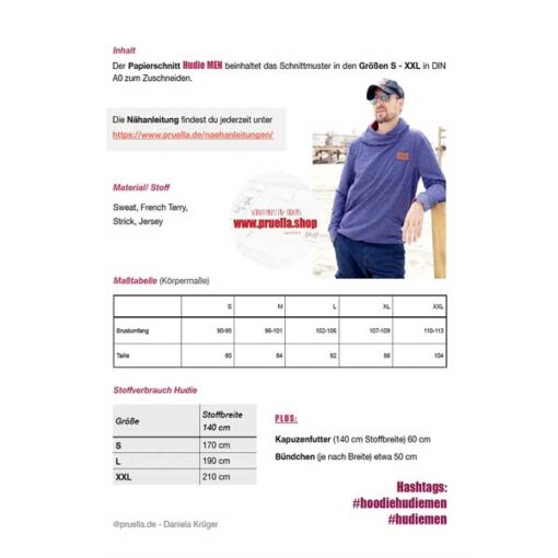 Papierschnittmuster Hoodie "Hudie Men" S-XXL - Prülla