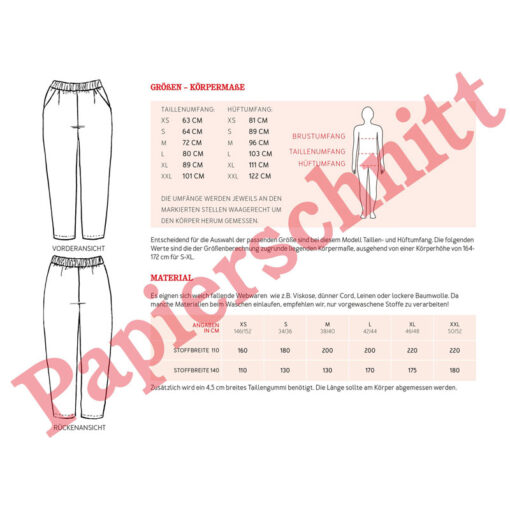 Papierschnittmuster "Frau Hanna" Hose mit Gummizug Gr 146 - 52 - Studio Schnittreif
