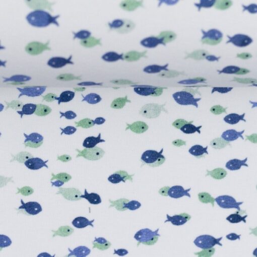 Baumwolljersey "Nautical Baby" Fische - smaragd / blau