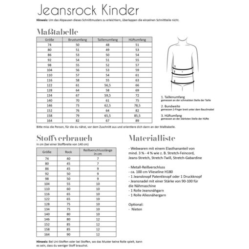 Papierschnittmuster Jeansrock Gr. 74 - 164 - Fadenkäfer