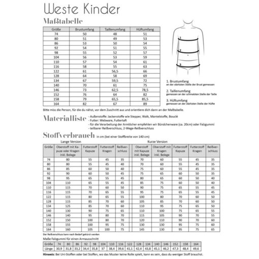 Papierschnittmuster Weste Kinder Gr 50 - 174 - Fadenkäfer