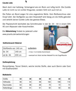 Papierschnittmuster Hose "Culotte Lotte " 34-44 - Prülla
