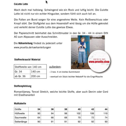 Papierschnittmuster Hose "Culotte Lotte " 34-44 - Prülla