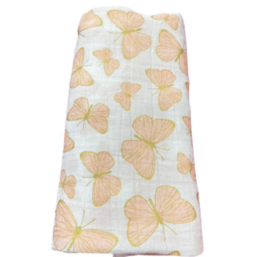 Sommerdecke / Musselindecke Schmetterlinge - weiss / apricot / gold ca. 130 cm x 130 cm