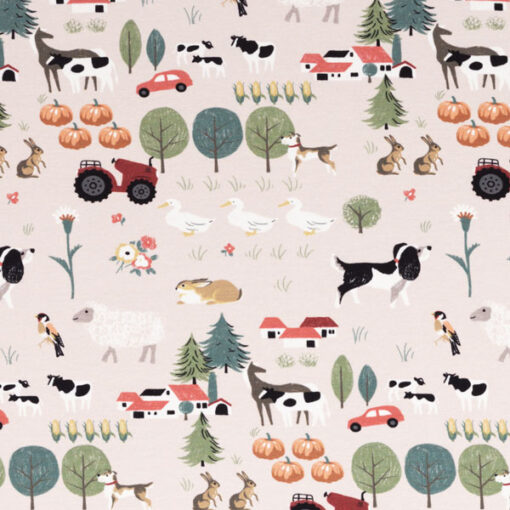 Jersey Baumwolle - "Vintage Farm" Tiere - beige / bunt