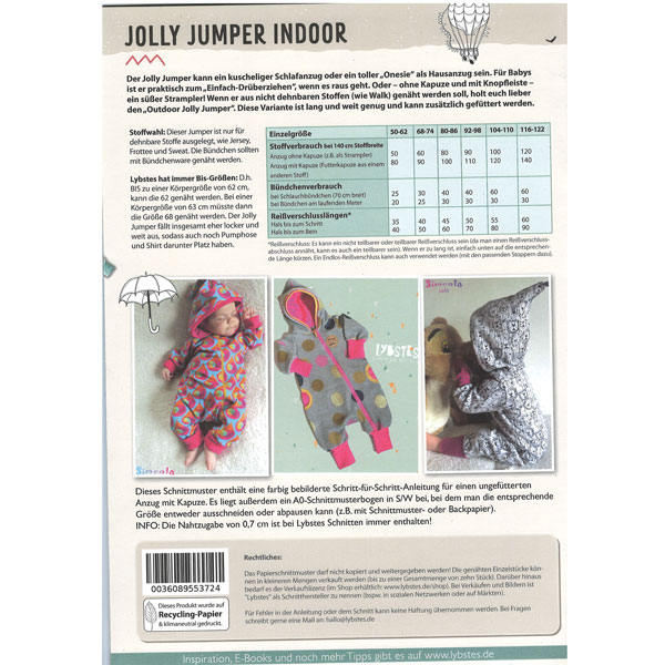 Papierschnittmuster Jolly Jumper Indoor Gr 50 - 122 - Lybstes