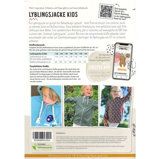 Papierschnittmuster Lieblingsjacke - Gr 128 - 164 - Lybstes