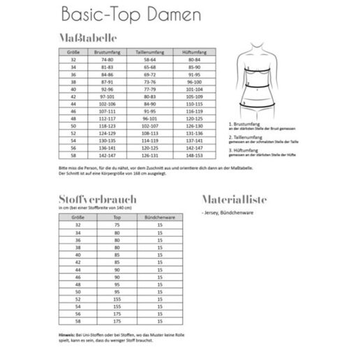 Papierschnittmuster Basic Top Damen Gr 32 - 58 - Fadenkäfer