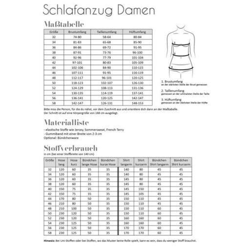 Papierschnittmuster Schlafanzug Damen 32 -58 - Fadenkäfer