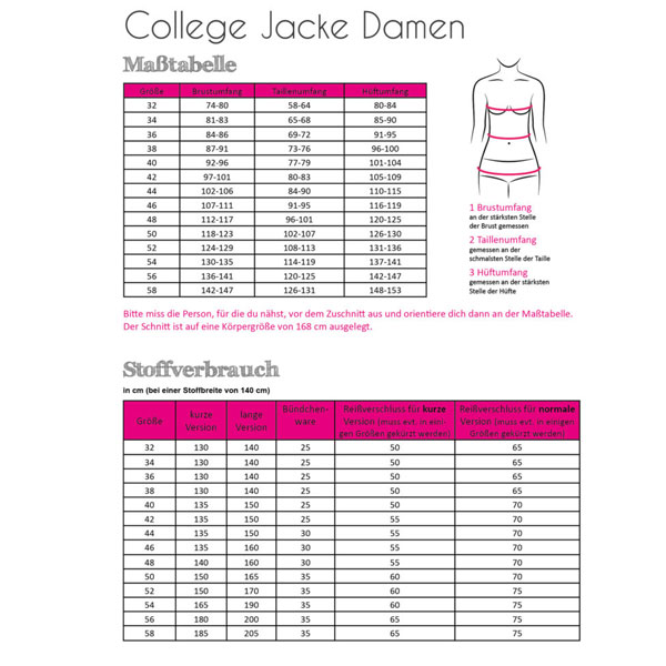 Papierschnittmuster College-Jacke Damen Gr 32 - 58 - Fadenkäfer