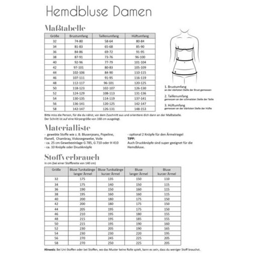 Papierschnittmuster Hemdbluse Damen Gr 32 - 58 - Fadenkäfer