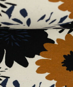 Jersey Baumwolle - "Johanna"- Blumen - schwarz/ weiss / senf