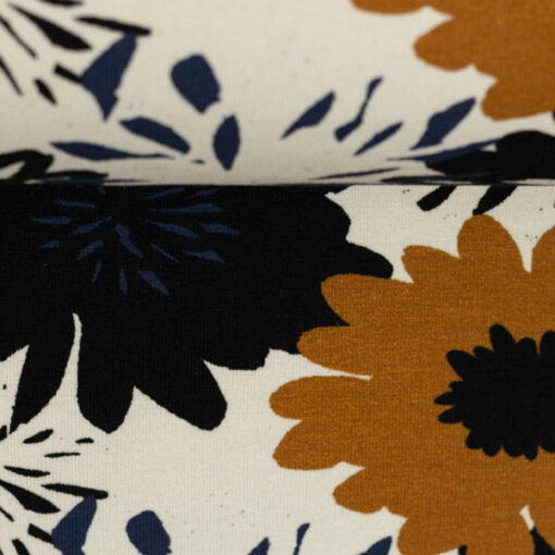Jersey Baumwolle - "Johanna"- Blumen - schwarz/ weiss / senf