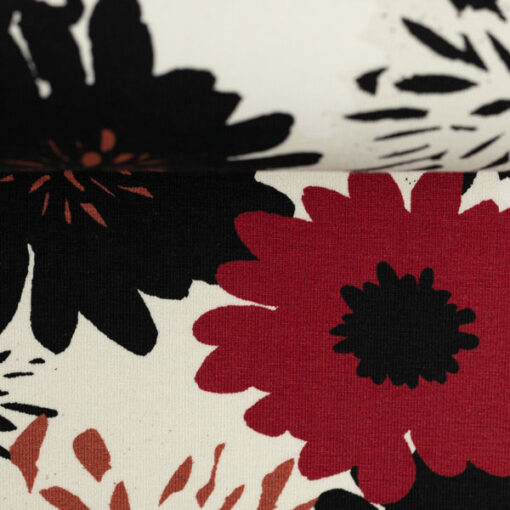 Baumwolljersey - "Johanna" - Blumen - rot /schwarz / weiss