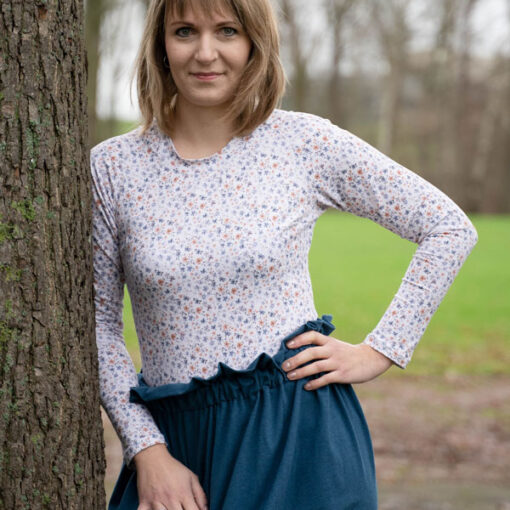 Jersey Baumwolle - "Mini flowers by Christiane Zielinski " - blau / senf / creme