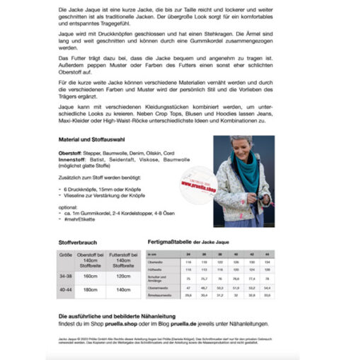 Papierschnittmuster Jacke "Jaque " 34-44 - Prülla