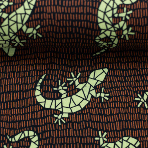 Modalsweat "Lizards by Käselotti" - terracotta / grün