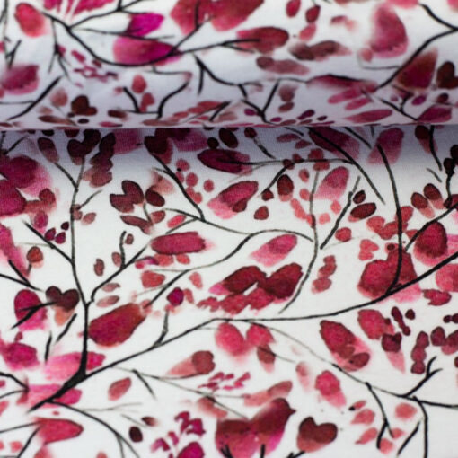 Baumwolljersey- "Madrid" - Blumenzweige - rot / pink / bordeaux