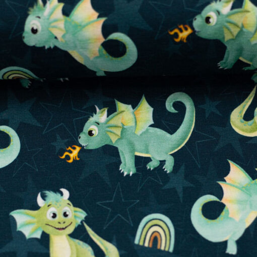 Baumwolljersey - “Fantastische Zauberwelten” – Drachen – petrol