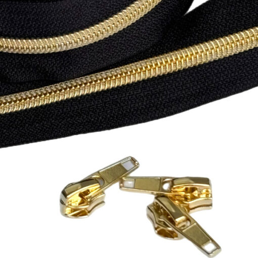 1 m Reissverschluss 6.5 mm mit 4 Schiebern in gold - schwarz / gold