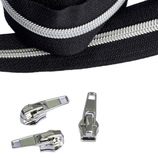 1 m Reissverschluss 6.5 mm mit 4 Schiebern in silber - schwarz / silber