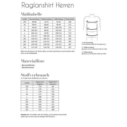 Papierschnittmuster Raglanshirt Herren 2XS-5XL - Fadenkäfer