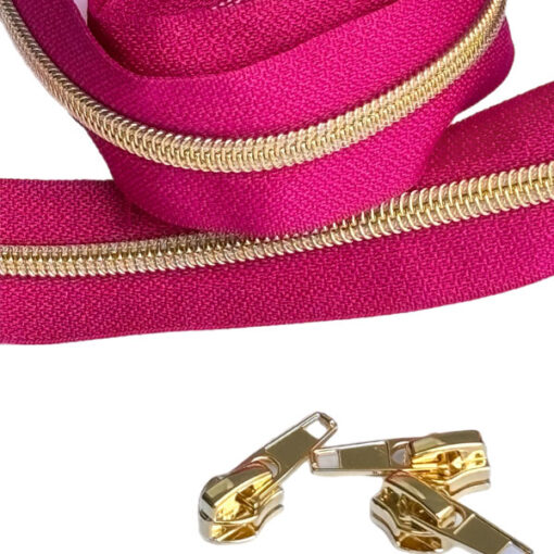 1 m Reissverschluss 6.5 mm mit 4 Schiebern in gold - fuchsia / gold