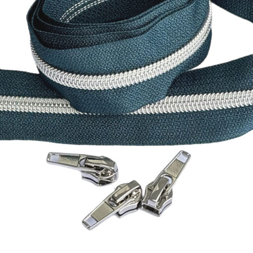 1 m Reissverschluss 6.5 mm mit 4 Schiebern in silber - petrol/ silber