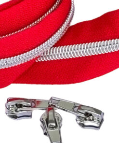 1 m Reissverschluss 6.5 mm mit 4 Schiebern in silber - rot / silber