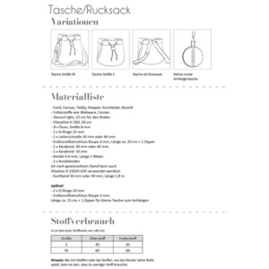 Papierschnittmuster Tasche / Rucksack - Fadenkäfer