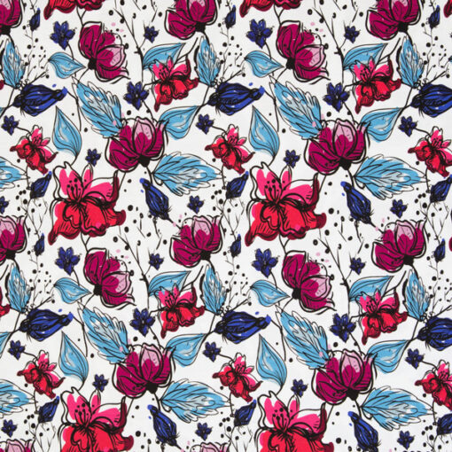 Baumwolljersey- "Summer" - Blumen - pink / blau
