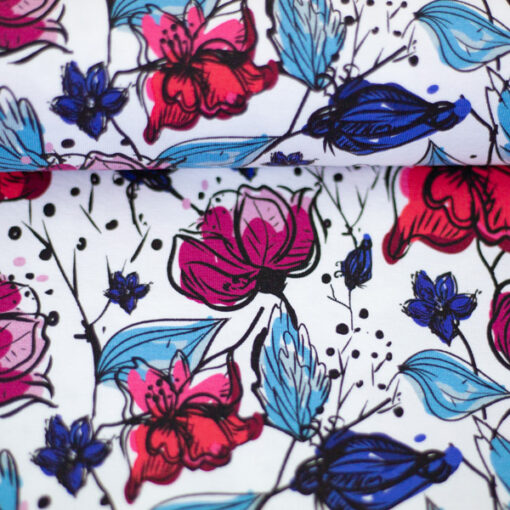 Baumwolljersey- "Summer" - Blumen - pink / blau