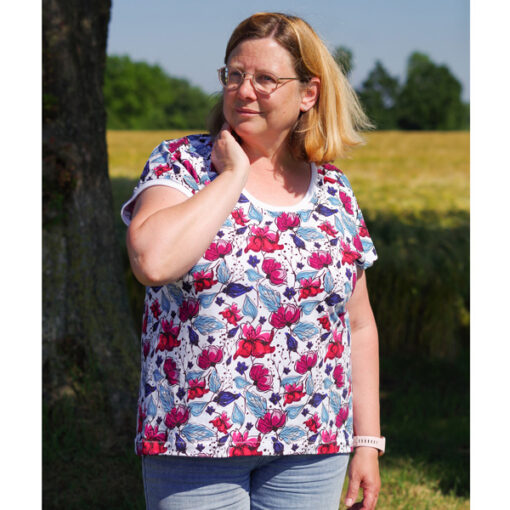 Baumwolljersey- "Summer" - Blumen - pink / blau